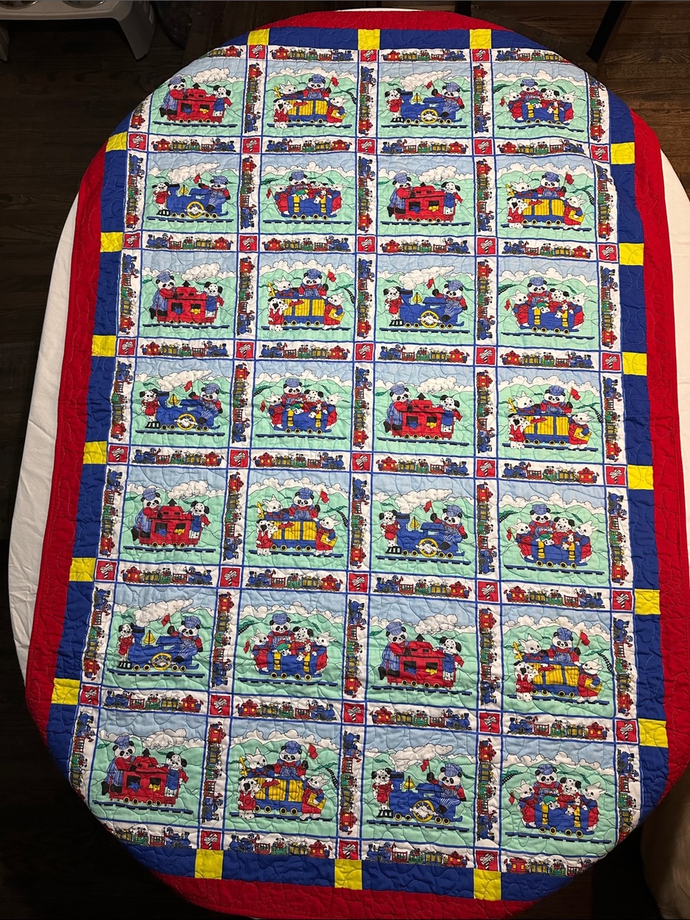 Children's Trains, Bears and Dogs Patchwork Quilt - Red, Blue, Yellow